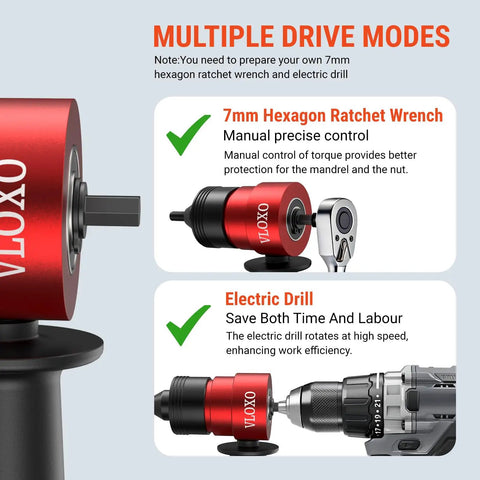 Rivet Nut Drill Adapter Kit For Electric Drills showing multiple drive modes with ratchet wrench and electric drill options.