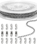 33Ft 2.4mm Dope Silver Stainless Steel Ball Chain Roll With Bead Link For Beaded Dog Tag Necklaces And DIY Bracelets Keychains, Pull Chain Jewelry Making Supplies For Men, Premium Metal Includes 20 Connectors. silver ball chain roll with connectors