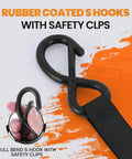 20 Ft Heavy Duty Ratchet Straps 4 Pack, rubber coated S-hook with safety clips for flatbed trailers, black industrial webbing