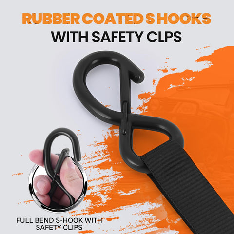 20 Ft Heavy Duty Ratchet Straps 4 Pack, rubber coated S-hook with safety clips for flatbed trailers, black industrial webbing