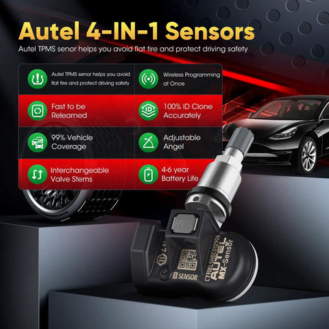 MX Sensor 2 In 1 TPMS Replacement Set Of Four 315 MHz And 433 MHz Press In Sensors For Car Tire Pressure Monitoring System, Easy Install, Plug And Play, Durable Four Pack. silver and black press-in TPMS sensor with valve stem