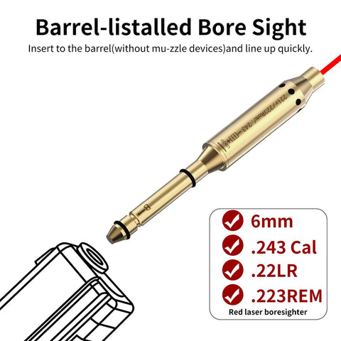 Laser Bore Sight For.22LR.223 Rem.243 And 6mm Rifles With Red Dot Compatibility shown with caliber indicators