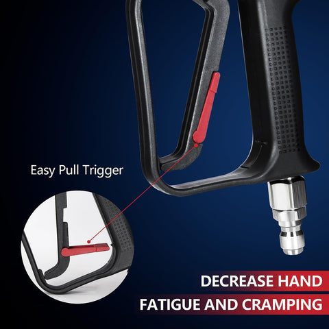 Close-up of High Flow Pressure Washer Gun With Swivel For 4000 PSI Power Washing showing easy pull trigger and quick connect.