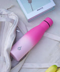 Boss Grade 17 Oz Insulated Thermal Water Bottle With Airtight Drip Proof Lid on backpack, pink stainless steel design.