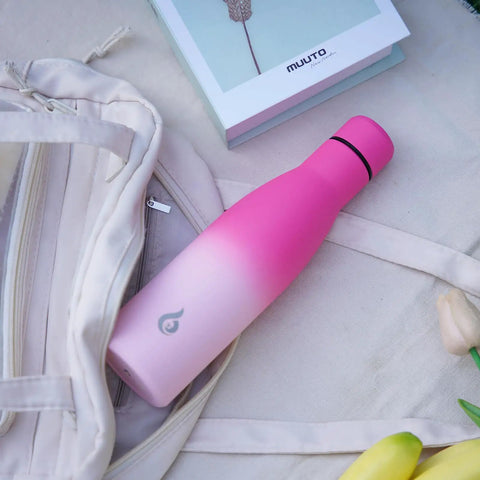 Boss Grade 17 Oz Insulated Thermal Water Bottle With Airtight Drip Proof Lid on backpack, pink stainless steel design.