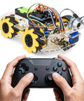Front-angle view of MECCANIXITY 2-pack mecanum wheels set, 48mm yellow ABS rubber; mounted on a robot chassis.