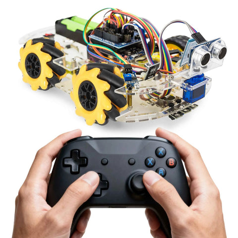 Mecanum wheel set with yellow ABS rubber tires installed on a clear robot chassis with remote controller