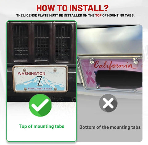 Installation guide showing proper positioning of license plates using Stainless Steel License Plate Frame With Screws, Slim Chrome Silver Finish, 6 x 12 Inches, Universal Fit For Cars And Vans, Rustproof, No Obstruction, Built To Last And Super Tough, Unbreakable, Mirror Polished Look.