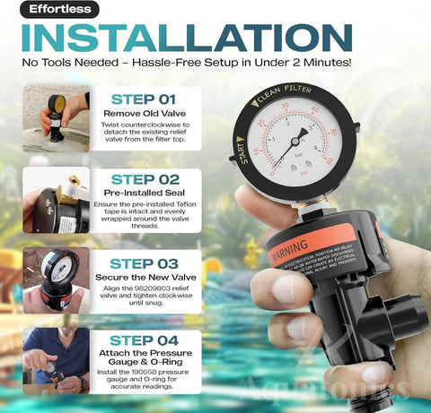 Aquatonics 98209800 valve kit with high-flow air relief valve and pressure gauge; pre-installed Teflon tape