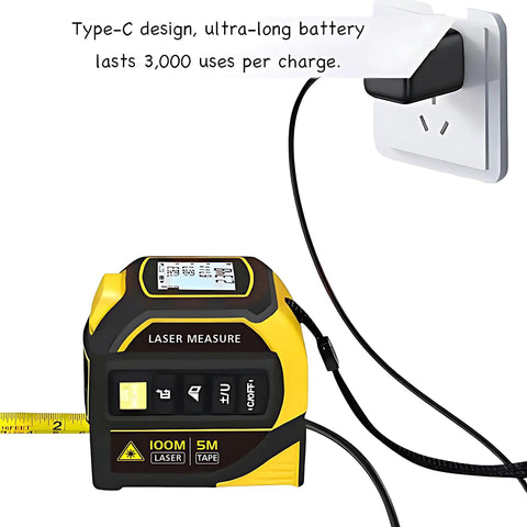 4 In 1 Laser Tape Measure With Cross Line Laser Retractable Tape 328 Ft Laser Range And 16 Ft Tape Fast Accurate Measurements For DIY Home Reno And Pro Builds, yellow black body charging via Type-C