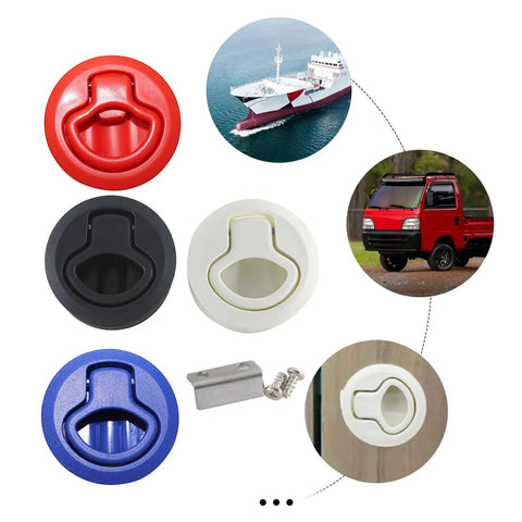 Multi-color 2.4 Inch Flush Pull Slam Latch Round Door Locking Handle For Boats And Cabinets with screws shown