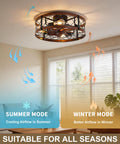 Bladeless Flush Mount Ceiling Fan With Lights 20 Inch Cage Style Remote Control Rustic Low Profile in summer and winter modes.
