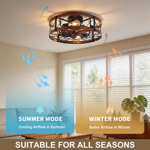 Bladeless Flush Mount Ceiling Fan With Lights 20 Inch Cage Style Remote Control Rustic Low Profile in summer and winter modes.