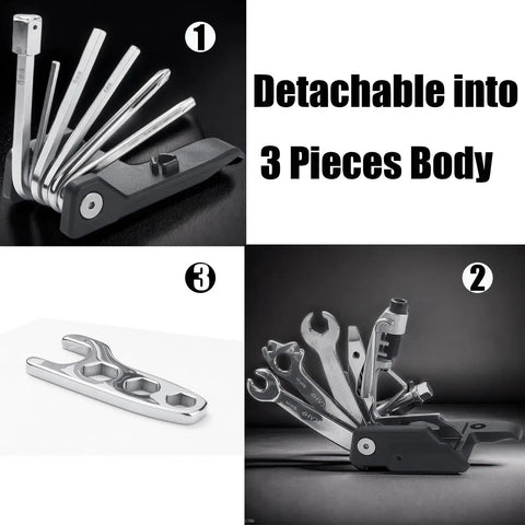 Collage of Bike Multi Tool 20 In 1 Portable Repair Kit for MTB and road cycling showing detachable components and tools.