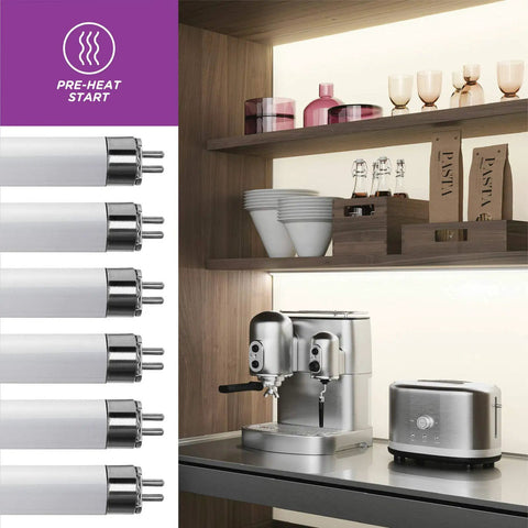 Pack Of 6 F13T5 CW Fluorescent Tubes, 21 Inch Long, 13 Watt displayed beside a modern kitchen setup with appliances.