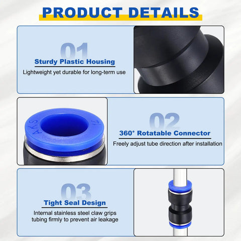 Product details of Five Pack Pneumatic Straight Fittings 0.55 Inch Tube OD Plastic Union Push To Connect Blue Quick Connect Air Line Fittings