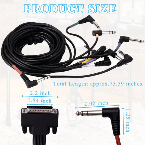 Cable Harness Snake Loom Replacement For Electronic Drum Sets And Modules With Hi Hat RCA Connector Type Nickel Plated Plug And One Quarter Inch To Three Point Five Millimeter Adapter showing total length and dimensions.
