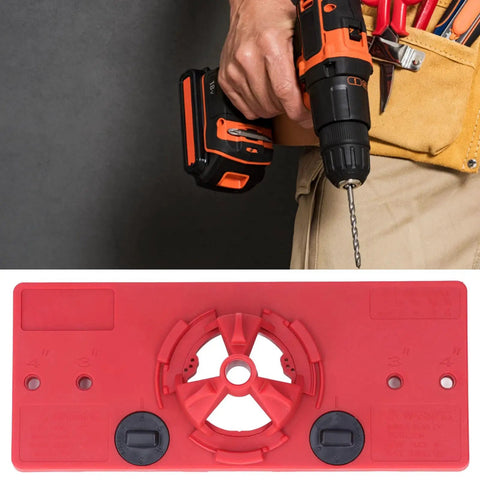 Top Grade 35mm Hinge Hole Saw Jig Kit For Woodworking Pros With Locator Bit And Precise Boring Tool Set Perfect For Cabinet Door Installation showing drill and jig tool.