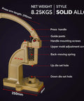 Diagram of upgraded heavy duty hand press grommet kit with eyelet punch tool, solid alloy construction and labeled components.