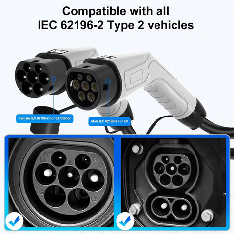 Heavy Duty Type 2 Ev Charger Cable 32 Amp 3 Phase 22 Kw Fast Charging Cord 5 Meter Length connectors for EVs showing male and female ends.