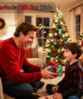 Adult giving gift to child in festive room, promoting Flexible 15 Ft Race Track Starter Set With Strong Suction Cups For Kids 3 Plus Roll Up Track.