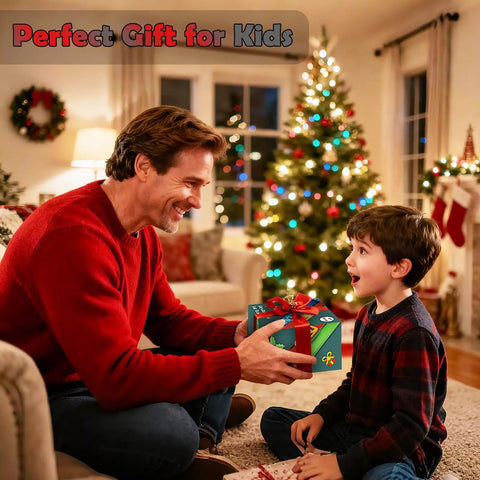 Adult giving gift to child in festive room, promoting Flexible 15 Ft Race Track Starter Set With Strong Suction Cups For Kids 3 Plus Roll Up Track.