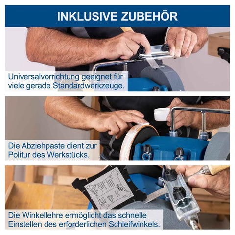 Heavy Duty Workhorse 150W Water Cooled Bench Sharpener with tools, polishing paste, and adjustable angle guide.