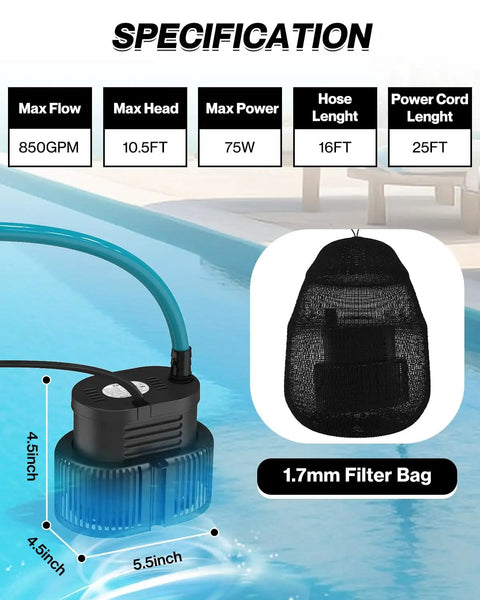 Above Ground Pool Cover Pump With Drainage Hose And 25 Foot Power Cord, Submersible Water Removal Pump shown by pool edge, 850 GPH, dimensions