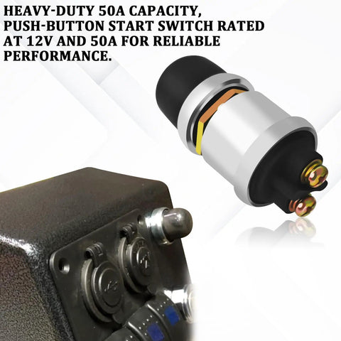Beefy Waterproof 12V 50A Momentary Push Button Starter Switch Kit For Cars Trucks Boats RVs And ATVs With Pop Up Button And Easy Push To Start Ignition System, silver metal starter switch with black cap and terminals