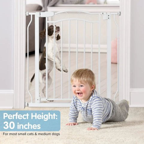 Baby and dog by Adjustable 29.5 To 53 Inch Wide Baby Gate For Doors And Stairs, 30 Inch Tall, Pressure Mounted, Auto Close Safety Gate.