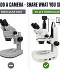 Trinocular Stereo Zoom Microscope 3.5X To 90X With Dual LED Illumination And 45 Degree Inclined Head, 360 Degree Rotating Ocular Tubes, Diopter Adjustment For Both Tubes, Long Life Cool LED Lighting With Adjustable Intensity. Trinocular model with camera mount compared to binocular only.