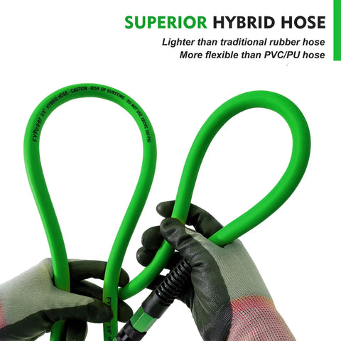 Top Shelf Hybrid Air Compressor Hose 3/8 Inch X 25 Feet Kink Free Kickass Flex Build 300 PSI Max Pressure with green hybrid material.