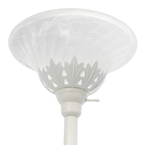 White scalloped glass shade detail of the Three Light Floor Lamp With Scalloped Champagne Glass Shades In Restoration Bronze Finish