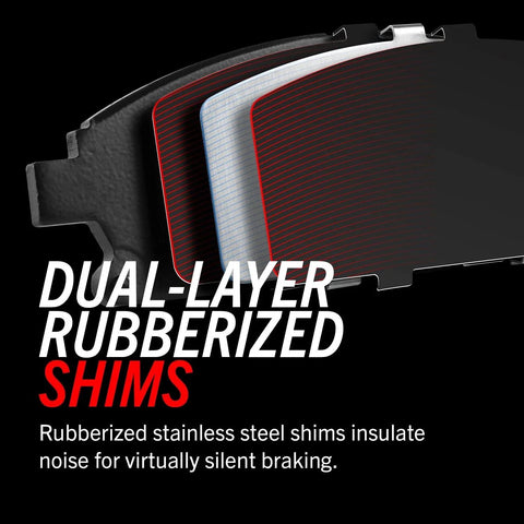 Brake kit components with dual-layer rubberized shims for quiet braking