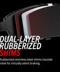 PowerStop rear brake kit cross-section showing dual-layer rubberized shims for quiet braking