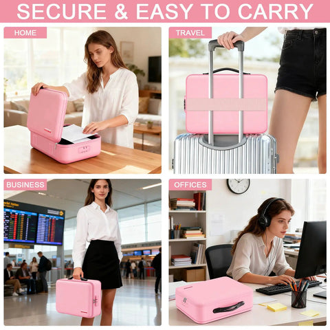 People using secure and easy to carry pink document safe for home, travel, business, and office.