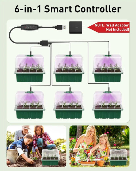 Six Pack Seed Starter Kit With 72 Cell Trays, Adjustable Full Spectrum LED Grow Lights, 3.9 Inch Humidity Domes setup