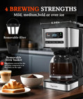 Programmable 12 Cup Coffee Maker With Four Brew Strength Options Hot And Iced Coffee Large LED Display 24 Hour Timer Keep Warm And Auto Shutoff Black And Stainless Steel Drip Coffee Machine For Home Or Office in kitchen with removable filter and brew basket