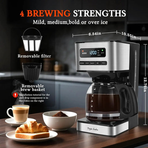 Programmable 12 Cup Coffee Maker With Four Brew Strength Options Hot And Iced Coffee Large LED Display 24 Hour Timer Keep Warm And Auto Shutoff Black And Stainless Steel Drip Coffee Machine For Home Or Office in kitchen with removable filter and brew basket