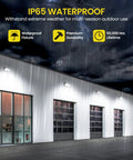 120W LED Wall Pack With Photocell, 15600LM 5000K Dusk To Dawn Outdoor Wall Light For Parking Lots And Warehouses, 800W MH HPS Equivalent, Wide 120 Degree Beam, ETL Listed illuminating industrial building at night, showing IP65 waterproof feature.