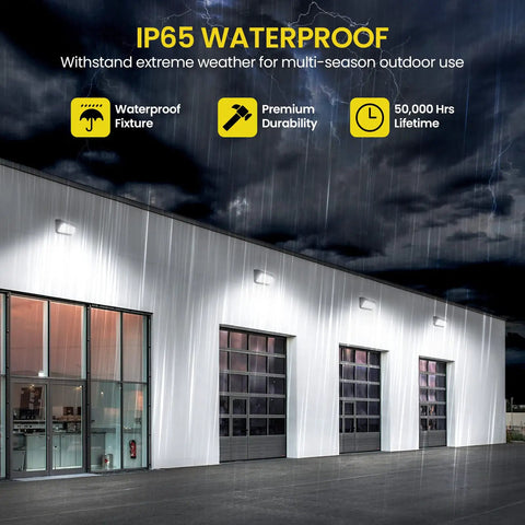 120W LED Wall Pack With Photocell, 15600LM 5000K Dusk To Dawn Outdoor Wall Light For Parking Lots And Warehouses, 800W MH HPS Equivalent, Wide 120 Degree Beam, ETL Listed illuminating industrial building at night, showing IP65 waterproof feature.