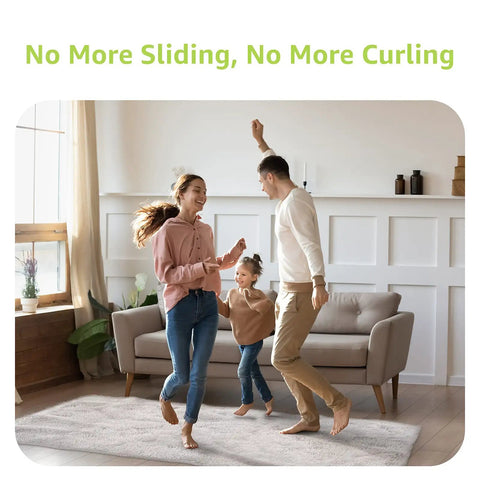 Family dancing on rug secured with 12 Pcs Rug Tape Set With Non Slip Triangle Grippers For Hardwood Floors And Tiles