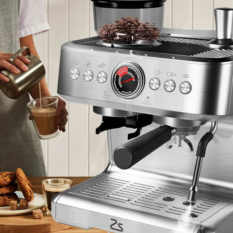 Darn Good Semi Automatic Espresso System With Integrated Conical Burr Grinder And Easy Pull Steam Wand features PID temperature control, silver finish, and user brewing coffee.