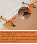 Flooring jack tools, orange, by Amazon, with ratchet rails on laminate; front view with inset clamp teeth.