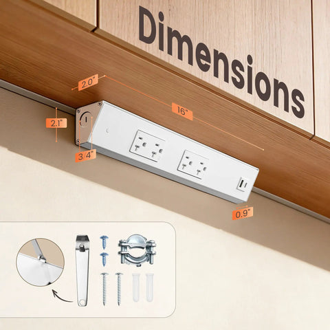 Under Cabinet Hardwired Power Strip With 16 Inch Angled Trapezoid Design 2 20A TR Outlets USB A And USB C, white aluminum, dimensions shown.