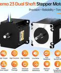 NEMA 23 dual-shaft stepper motors, black housings with silver front plates and visible output shafts