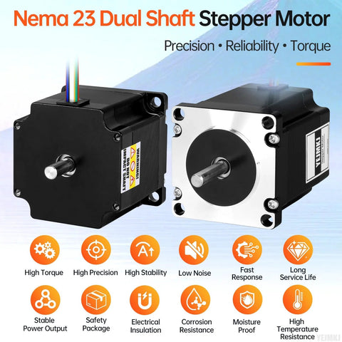 NEMA 23 dual-shaft stepper motors, black housings with silver front plates and visible output shafts