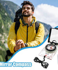Trail Tested Direction Finder With Mirror Sight, Water Resistant Compass For Hiking And Trekking with a smiling hiker in the background