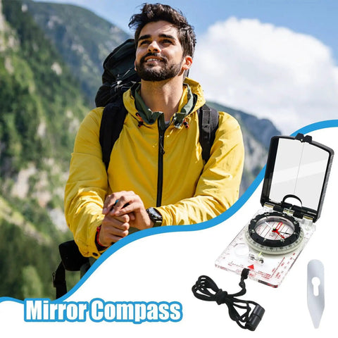 Trail Tested Direction Finder With Mirror Sight, Water Resistant Compass For Hiking And Trekking with a smiling hiker in the background