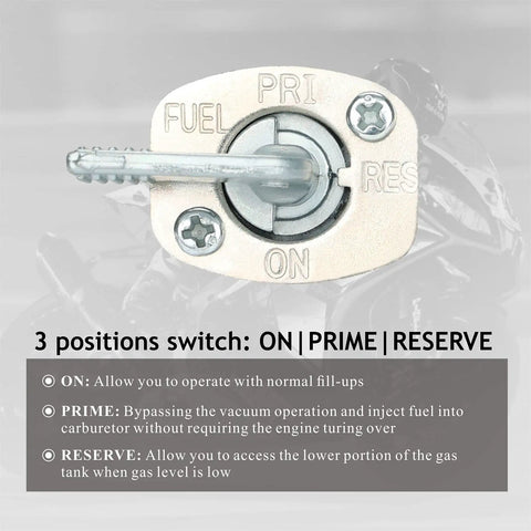 Suzuki LT 80 Fuel Petcock Vacuum Operated Gas Valve Switch Pump For ATV Quad 1987 2006 Replacement Part showing 3 positions ON, PRIME, RESERVE.